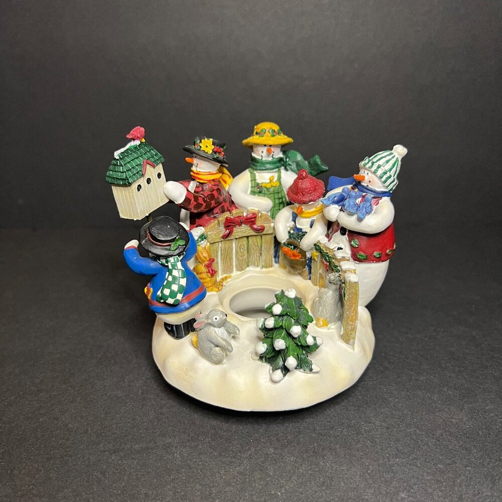 Deb Strain Candle Capper Christmas Holiday Ceramic Snowman Scene Topper 3.75"